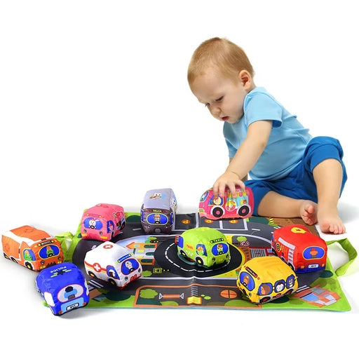 Set of 6 textile cars for babies with Kids Melody mat
